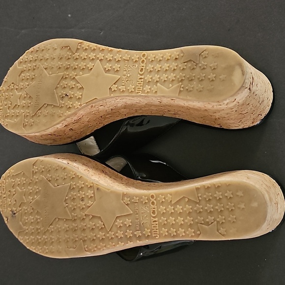 Jimmy Choo Blk Patent Leather Slides Crossover Straps Cork Wedge Sandals Sz38.5 - Picture 8 of 10